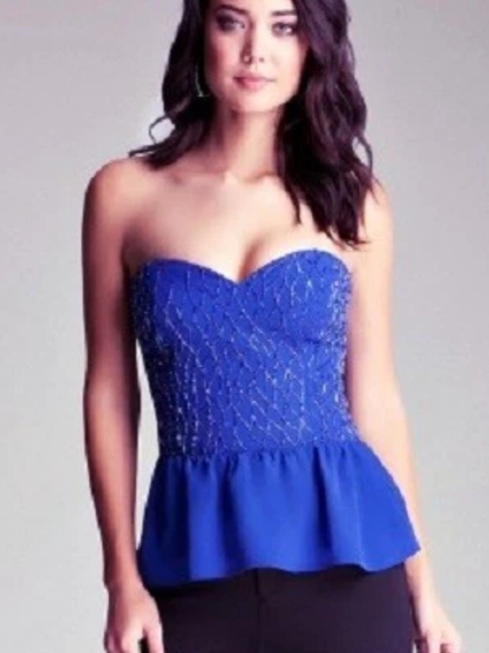 NWT bebe Purple Blue Sequin Beaded Strapless Ruffle Peplum Bustier Top S Small